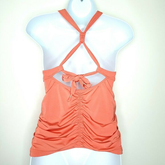 Athleta Aqualuxe Tankini Swim Top S Coral Sunset Orange Ruched Deep V - Picture 7 of 12